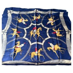 Vtg Equestrian Scarf 34" Poly Silk Korea Horse Rider Print Blue Gold Square Wrap